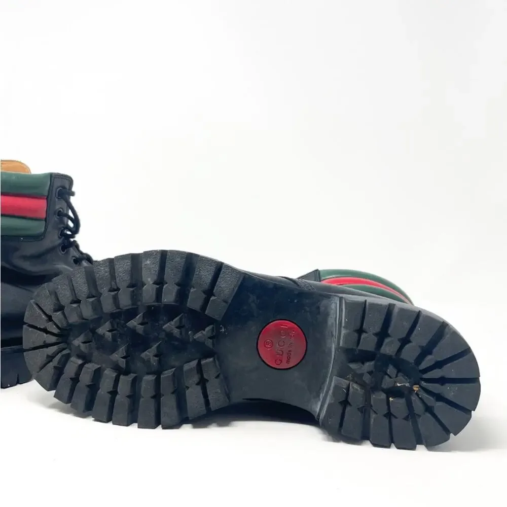 GUCCI Marland Black Leather Web Stripe Hiking Boot UK 7.5